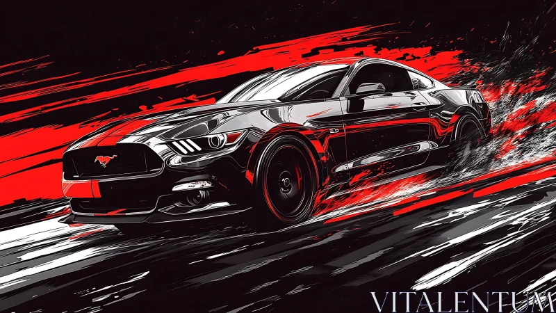 Black sports coupe racing through abstract red streaks.