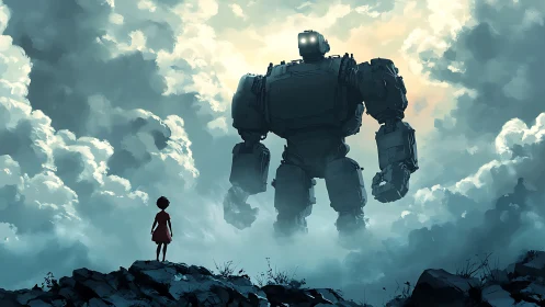 Small child confronts colossal robot within stormy clouds