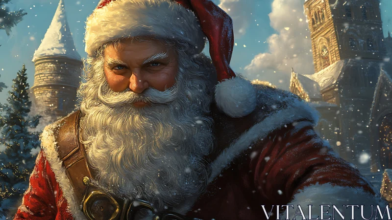 Epic winter warrior Santa strides through a snowy village.