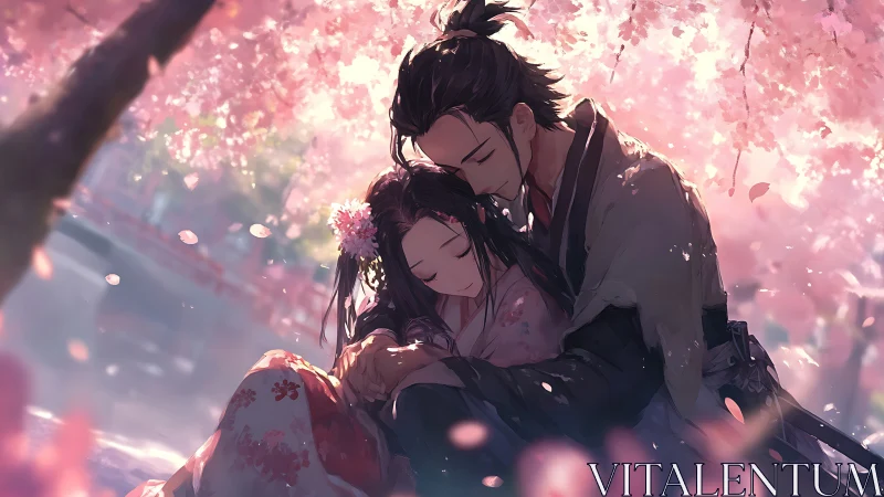 Samurai couple resting beneath soft pink cherry blossoms.