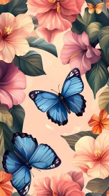 Blue butterflies drifting through lush pastel hibiscus blooms.