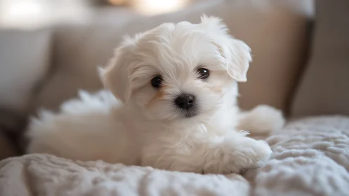High-key shallow depth portrait of white puppy on soft bedding