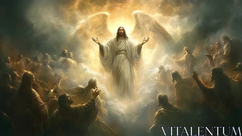 Central robed figure with radiant wings rises above gathered crowd