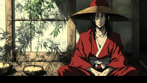 Seated figure in red robe rests before shoji-lit interior wall