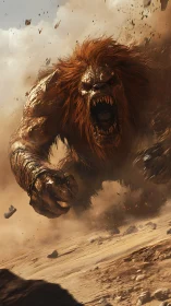 Colossal sand-beast charging through explosive desert storm.