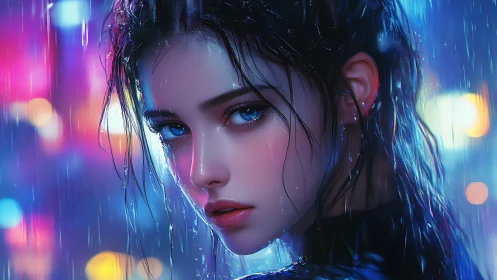 Gaze in the neon rain captures quiet strength and longing