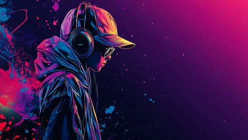 Neon hooded listener in profile with headphones and cap.