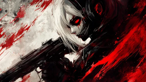 Cybernetic skull-masked sniper rendered in high-contrast red and black