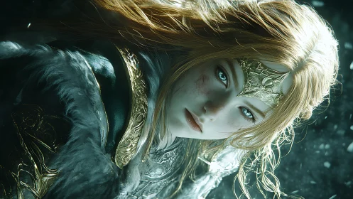 Battle-scarred fantasy queen holds calm gaze in icy light