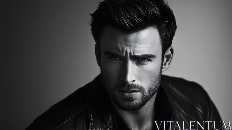 Moody monochrome portrait of intense bearded man.