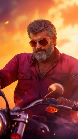 Middle aged motorcyclist in sunglasses at sunset sky.