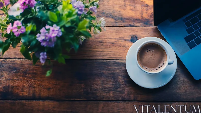 Overhead composition pairs coffee, laptop and blooms on rustic wood