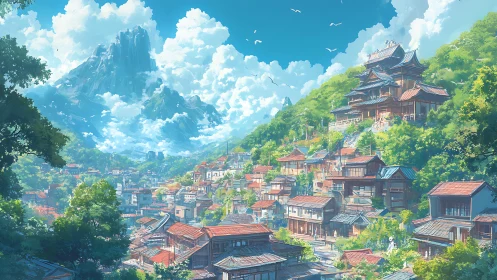 Mountain village basks under towering clouds and bright sun