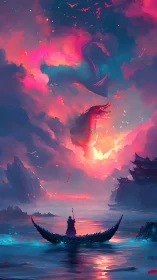 Fantasy river voyage under luminous dragonstorm sky.