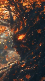 Tree-like humanoid face formed from burning bark and embers