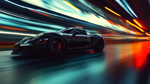 Midnight sports car slices neon tunnel in high-speed motion.