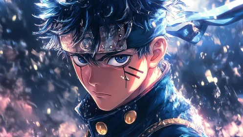 Close frontal view shows stylized anime warrior portrait