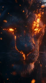 Fiery molten-eyed lion emerges from dark ember smoke
