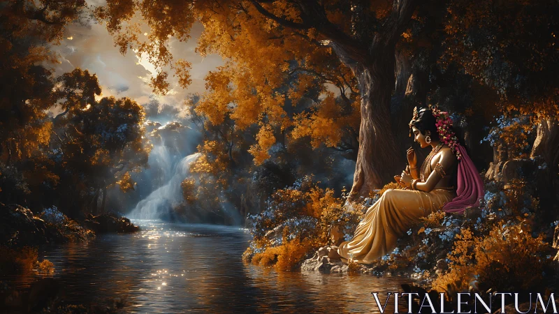Mythic river goddess in luminous autumn forest tableau.