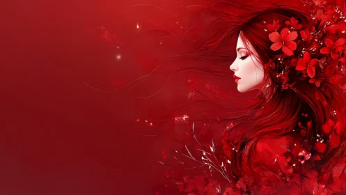 Elegant woman with flowing red hair amid vibrant crimson flowers