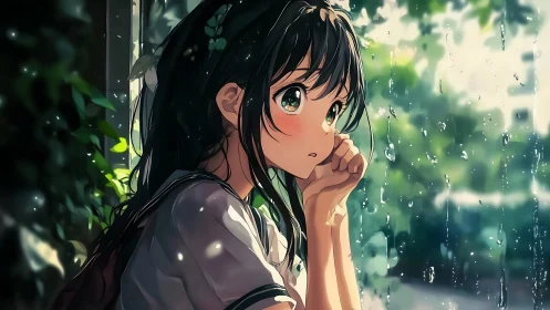 Anime girl gazes through rainy window in soft green light