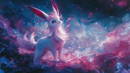 Celestial fox creature in glowing pink and blue nebula.