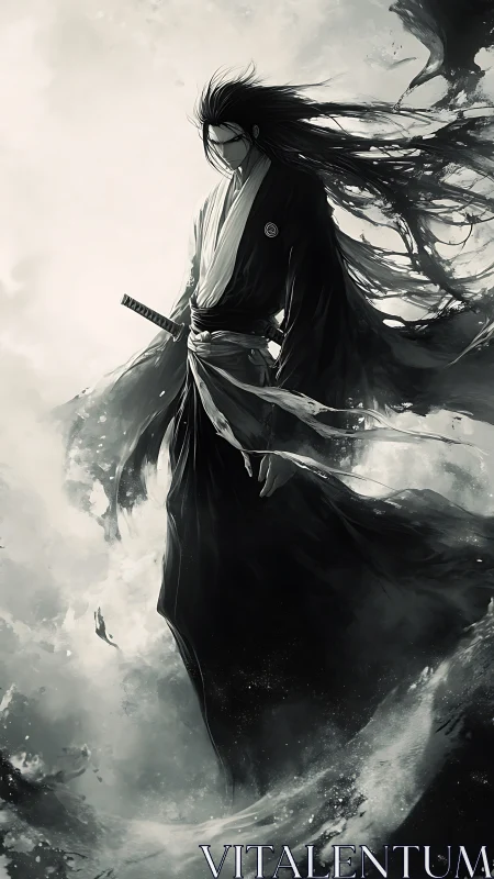 Monochrome samurai warrior in turbulent ethereal mist