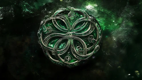 Emerald Celtic medallion with intricate silver filigree design.
