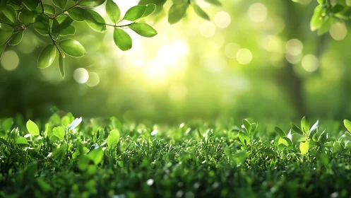 Sunlit Greenery with Leaves and Grass in Soft Focus Nature Scene.