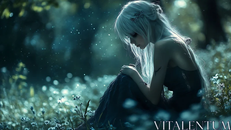 White haired figure sits in backlit forest clearing at dusk