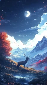 Moonlit stag rests beneath glowing clouds and crimson trees