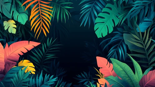 Colorful tropical foliage frames dark central empty space