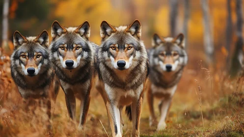Four wolves walk forward through autumn forest clearing