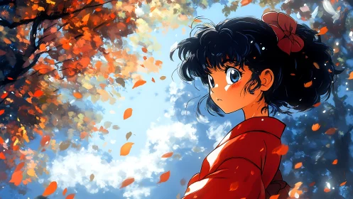 Autumn-eyed girl beneath a whirl of wildfire leaves.