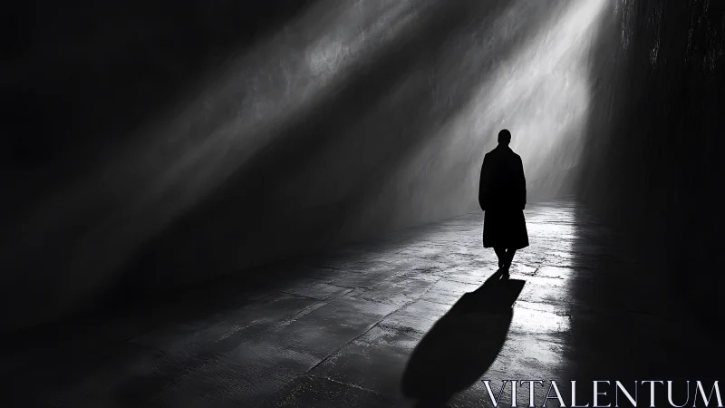 Solitary figure walks toward gentle light in a quiet passage