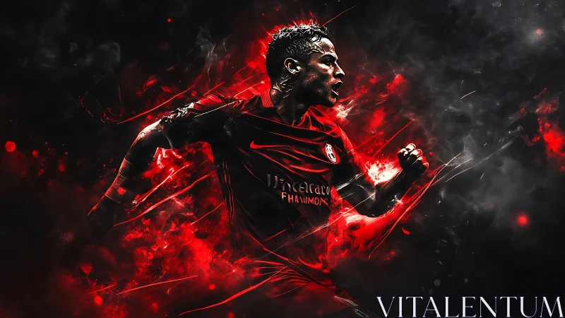 Soccer player rendered in dynamic red and black digital motion