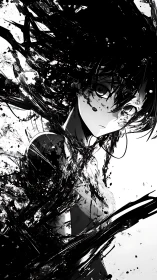Monochrome ink-splintered anime portrait in dynamic motion.