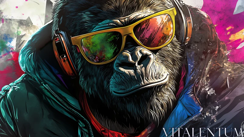 Urban neon gorilla with reflective shades and headphones.