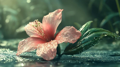 Macro study of dewy pink hibiscus with shallow depth of field