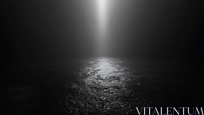 Vertical light beam illuminating dark reflective water surface.