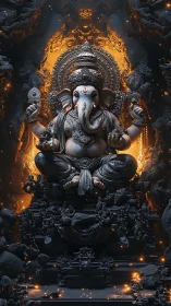 Majestic Ganesha idol glows within a fiery cosmic shrine