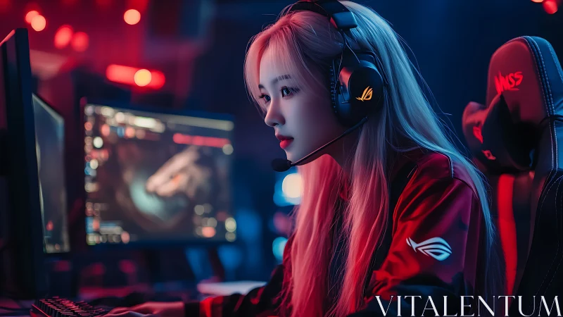 Focused gamer in neon glow leaning into an epic online world.