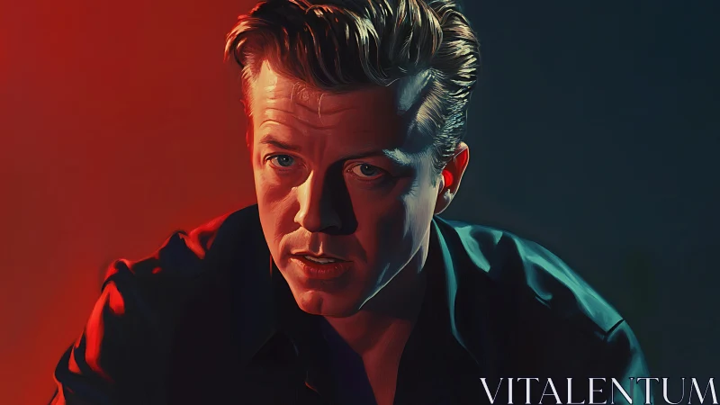 Brooding man in dramatic red and blue split lighting portrait