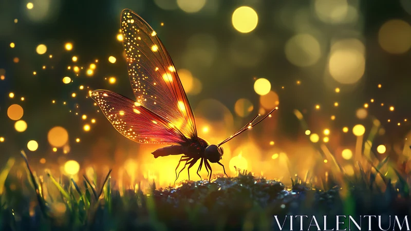 Glowing fantasy dragonfly stands over moss in golden dusk light