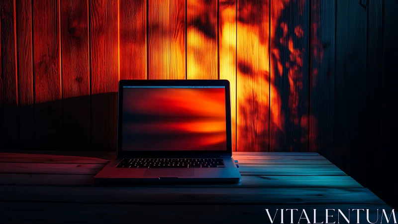 Laptop on wooden desk with contrasting warm and cool light.