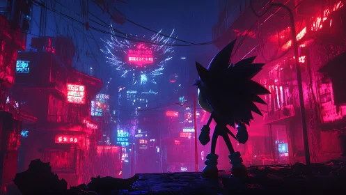 Silhouetted hedgehog surveys neon cyberpunk alley in rainfall