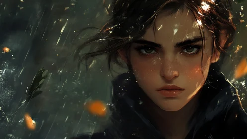 Young woman stares forward amid dynamic rain and debris.