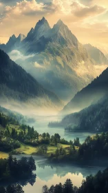 Sunlit mist rolls through majestic mountain valley lakes