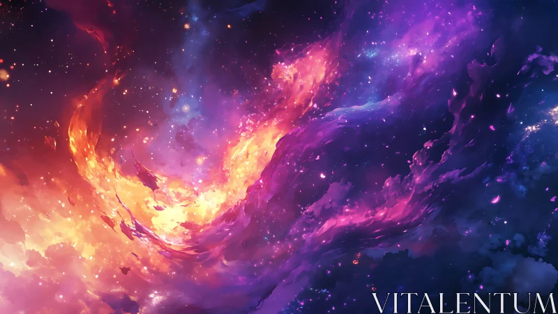 Cosmic nebula currents swirl in luminous magenta and gold plasma