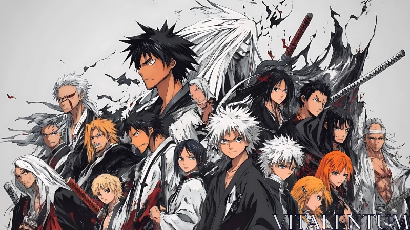 Anime warriors converge in dynamic ink-splatter battle tableau.